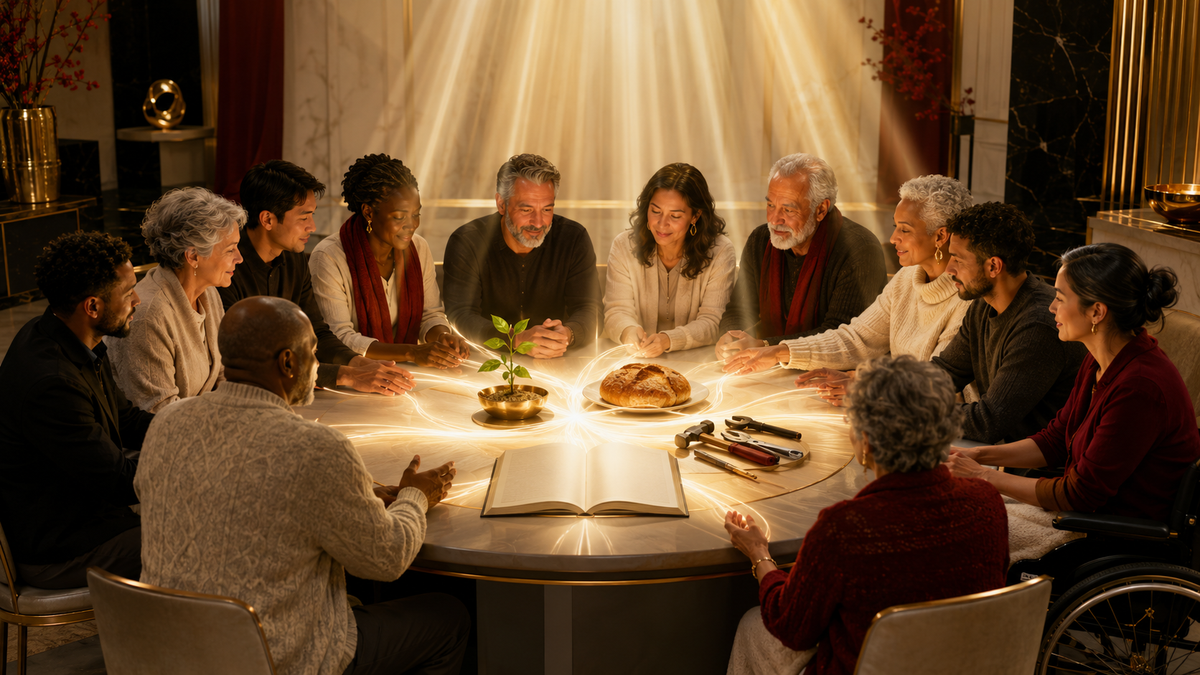 A multigenerational Christian community gathered around a luminous shared table