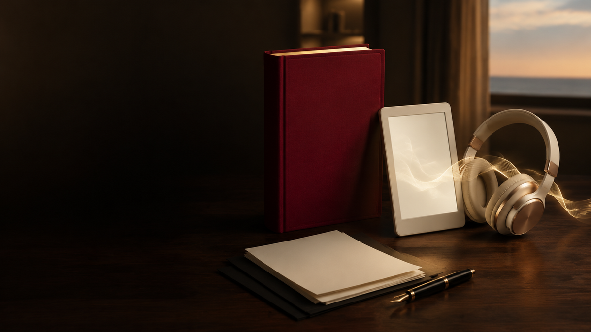 A premium clothbound book, e-reader, and headphones arranged in a warm scholarly study