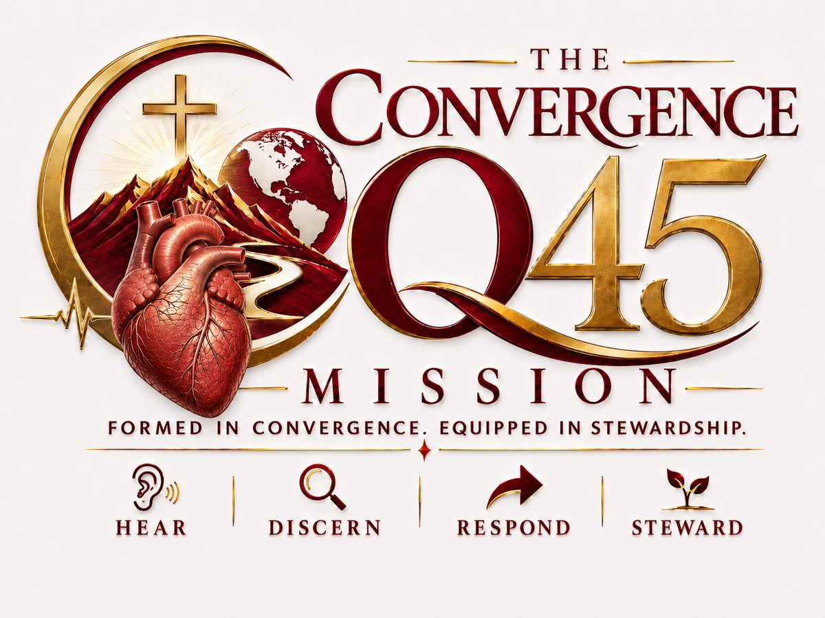 The Convergence Q45 Mission formation emblem showing heart, cross, globe, mountains, and the sequence Hear, Discern, Respond, Steward