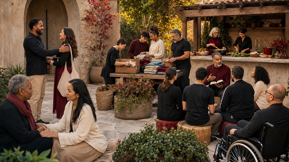Adults serving together through welcome, teaching, preparation, practical care, and attentive presence