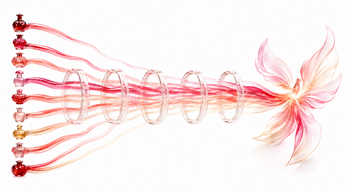 Crimson and gold glass ribbons gather into a luminous bird.