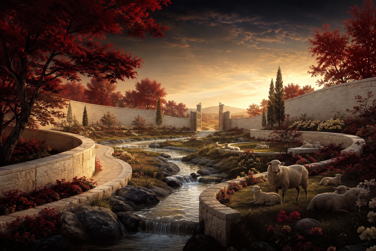 A crimson garden with a flowing stream, open gates, and sheep gathered in a place of care