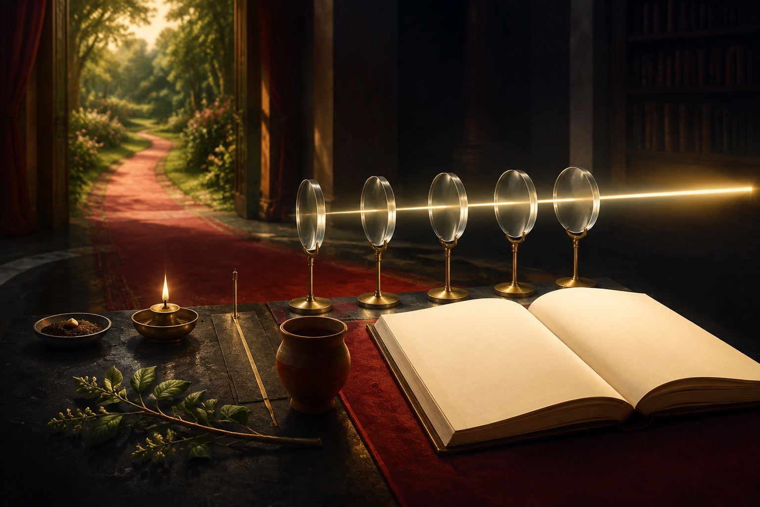 An open book beside five lenses aligned with a beam of light and a path toward a garden