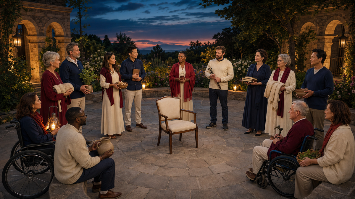 A diverse council gathered around luminous symbols of service and discernment