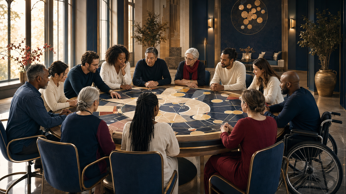 A luminous council table surrounded by symbolic vessels and pathways