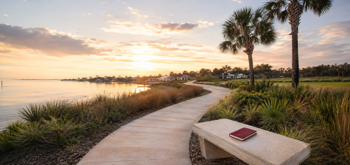 A coastal South Shore path at dawn beside calm water with a crimson field journal on an ivory bench