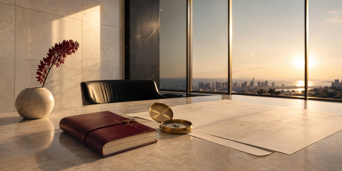 A burgundy journal and brass compass in a luminous studio overlooking water and a city