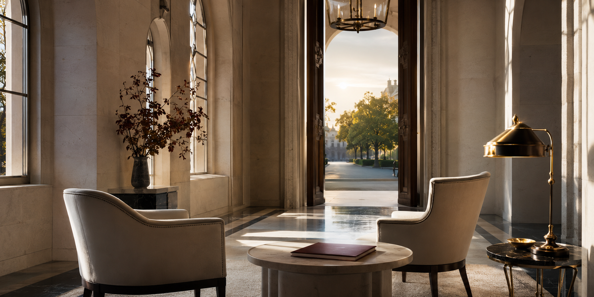 A dignified civic room with two chairs, a crimson folder, and an open doorway filled with morning light