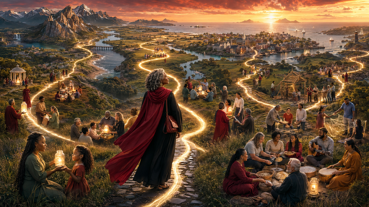 A woman traveling an appointed path through diverse regions where communities gather for fellowship, formation, and service