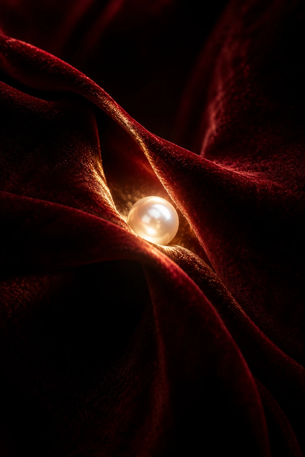 A luminous pearl emerging between deep crimson folds.