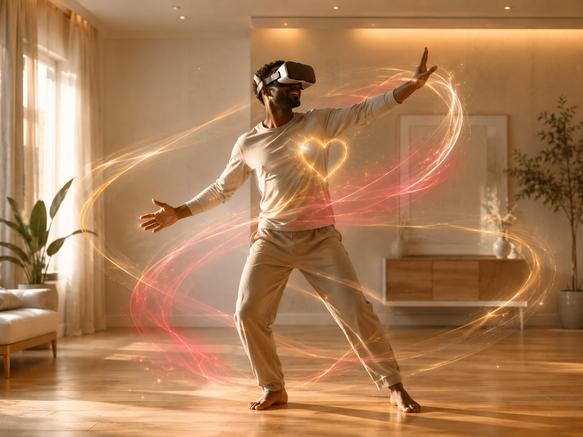 An adult moving safely in an open home space while wearing a virtual reality headset