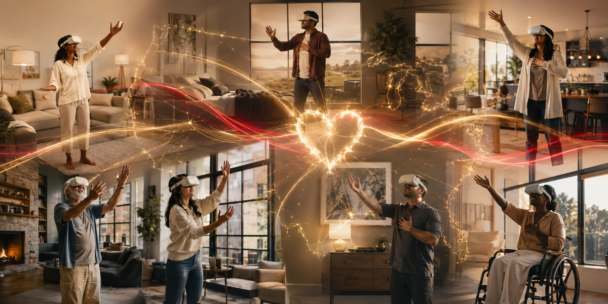 Adults moving in virtual reality from homes across the United States, connected by crimson and gold light