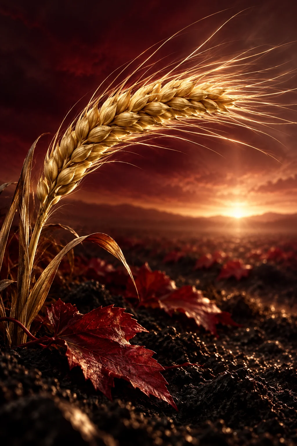 A ripe golden wheat head arcs above crimson autumn leaves and dark earth.