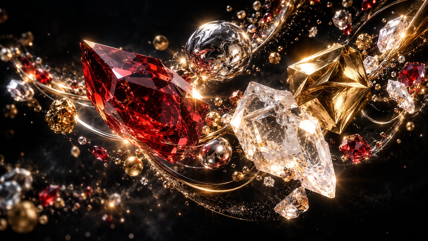Distinct crimson, gold, silver and white crystals converging in a luminous constellation